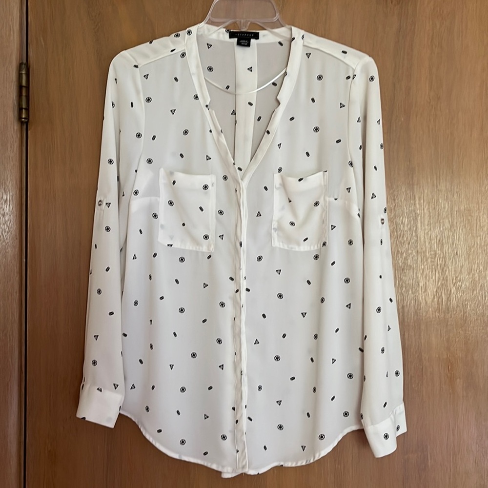 Sheer Ivory Blouse with Black Geometric Print Long Sleeves with Roll Tab